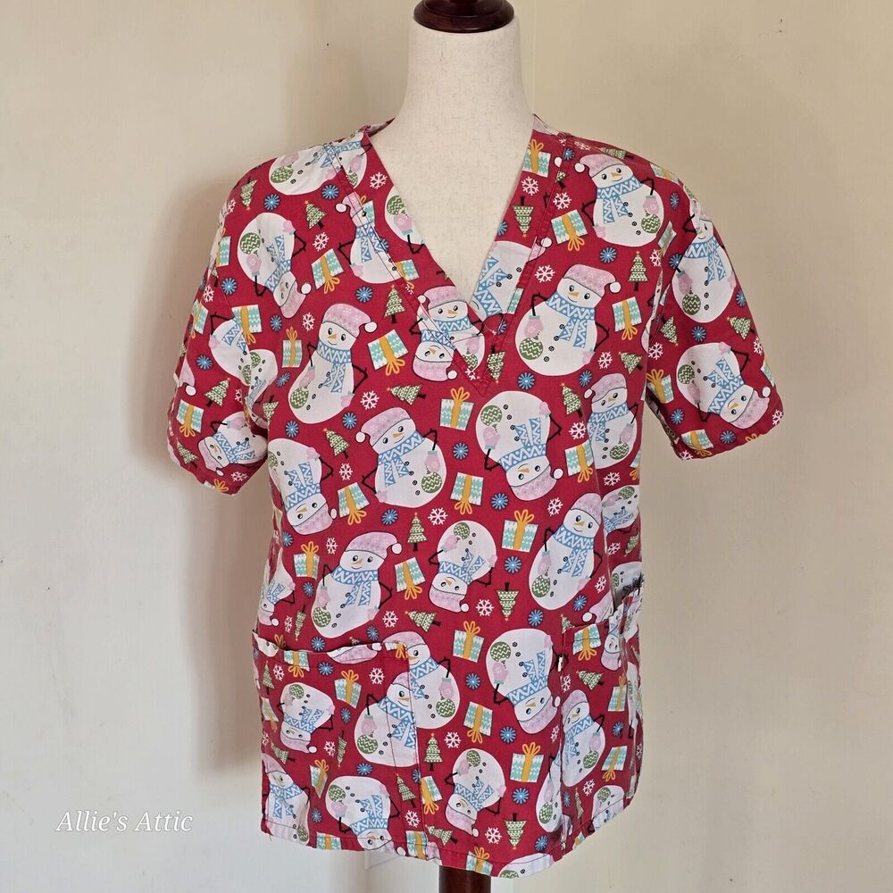Peppermint Scrub Top‎ Snowman Snowmen Shirt Red White Christmas Winter Medium